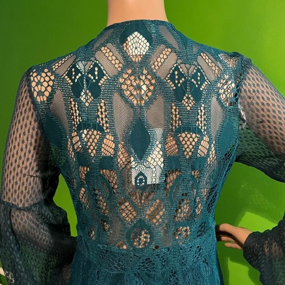 NWT $195 foxiedox | Gloria | Lace Dress with Sheer Arms in Sapphire & Teal Black - Picture 9 of 16